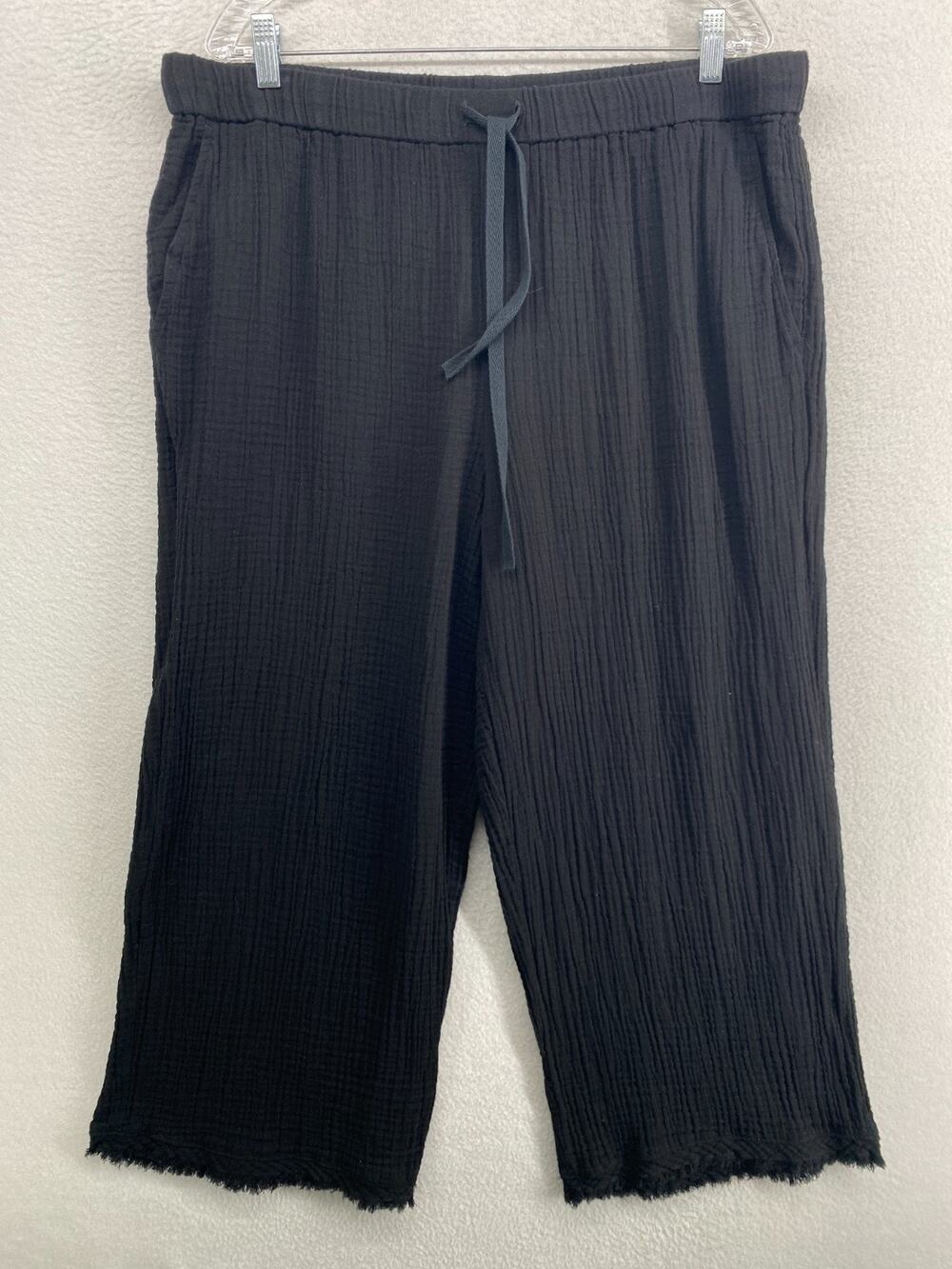 EILEEN FISHER Pants XL Organic Cotton Crinkle Gauze Straight Frayed Ankle Black